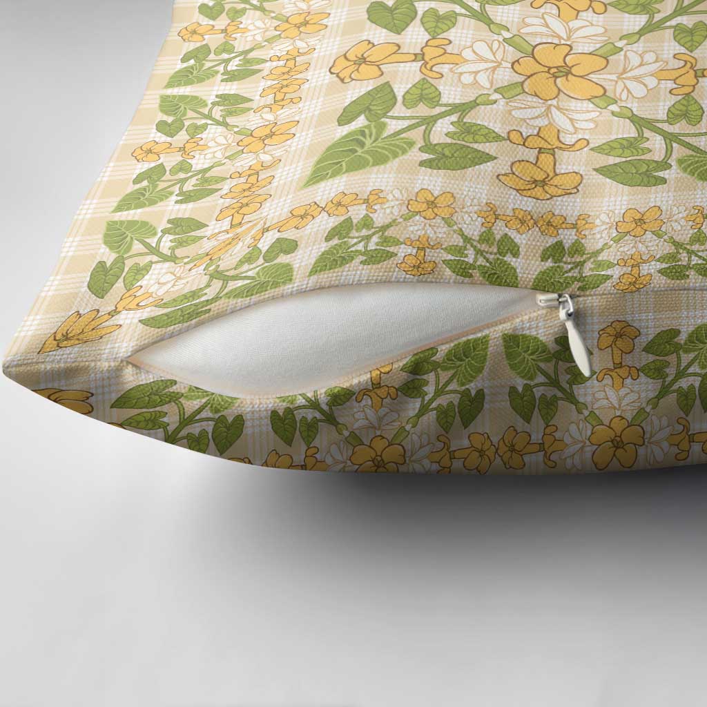 Squares Puakenikeni and Kalo Pillow Cover Beige Palaka Hawaiian Quilt Pattern - Polynesian Pride