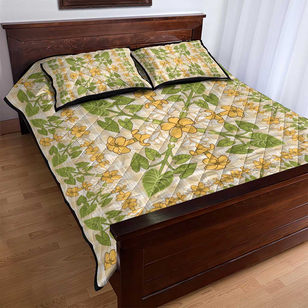 Squares Puakenikeni and Kalo Quilt Bed Set Beige Palaka Hawaiian Quilt Pattern - Polynesian Pride