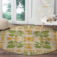 Squares Puakenikeni and Kalo Round Carpet Beige Palaka Hawaiian Quilt Pattern - Polynesian Pride
