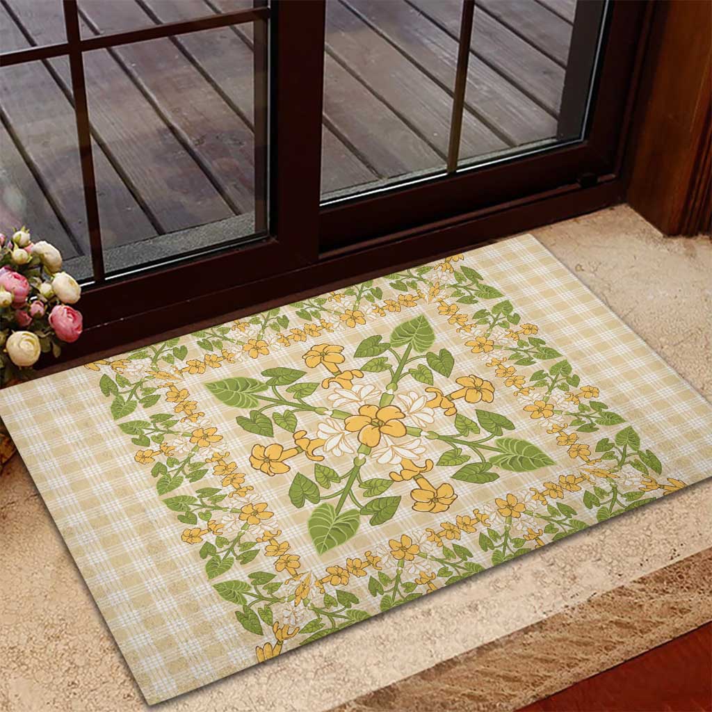 Squares Puakenikeni and Kalo Rubber Doormat Beige Palaka Hawaiian Quilt Pattern - Polynesian Pride