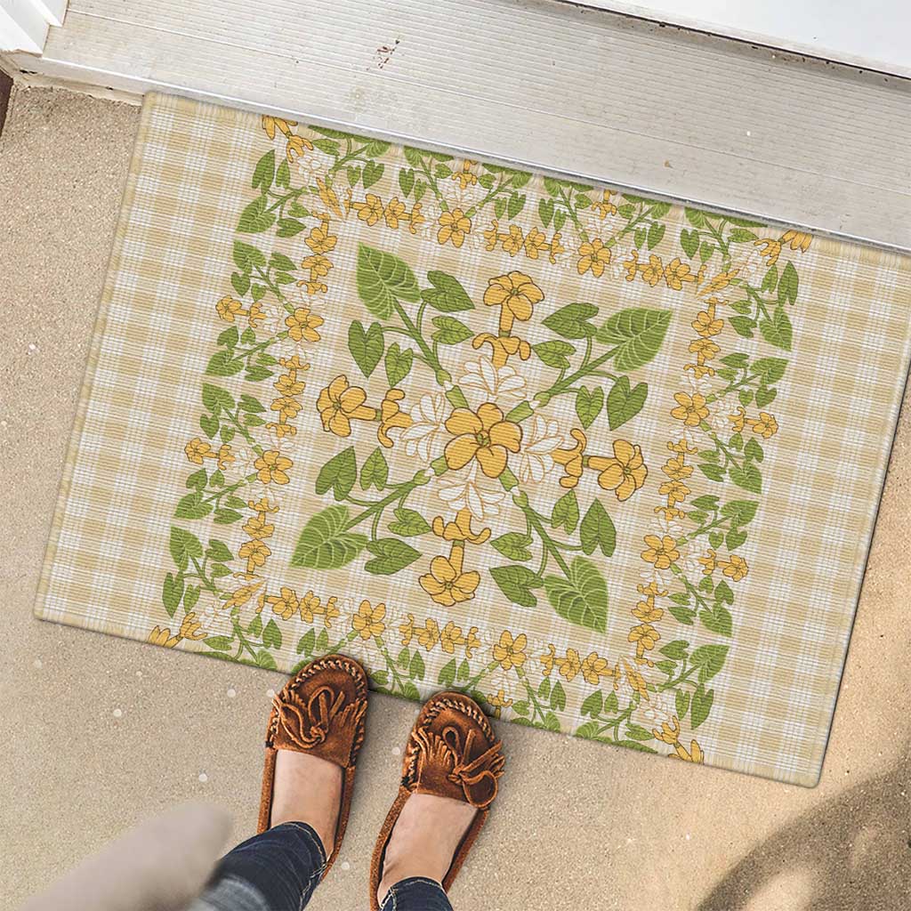 Squares Puakenikeni and Kalo Rubber Doormat Beige Palaka Hawaiian Quilt Pattern - Polynesian Pride