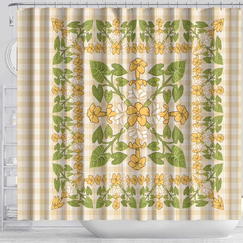 Squares Puakenikeni and Kalo Shower Curtain Beige Palaka Hawaiian Quilt Pattern - Polynesian Pride