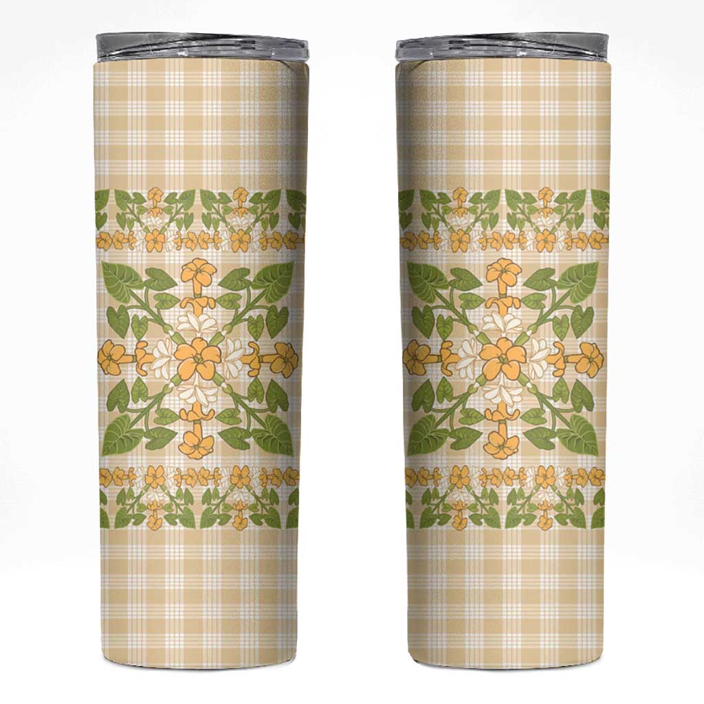 Squares Puakenikeni and Kalo Skinny Tumbler Beige Palaka Hawaiian Quilt Pattern - Polynesian Pride