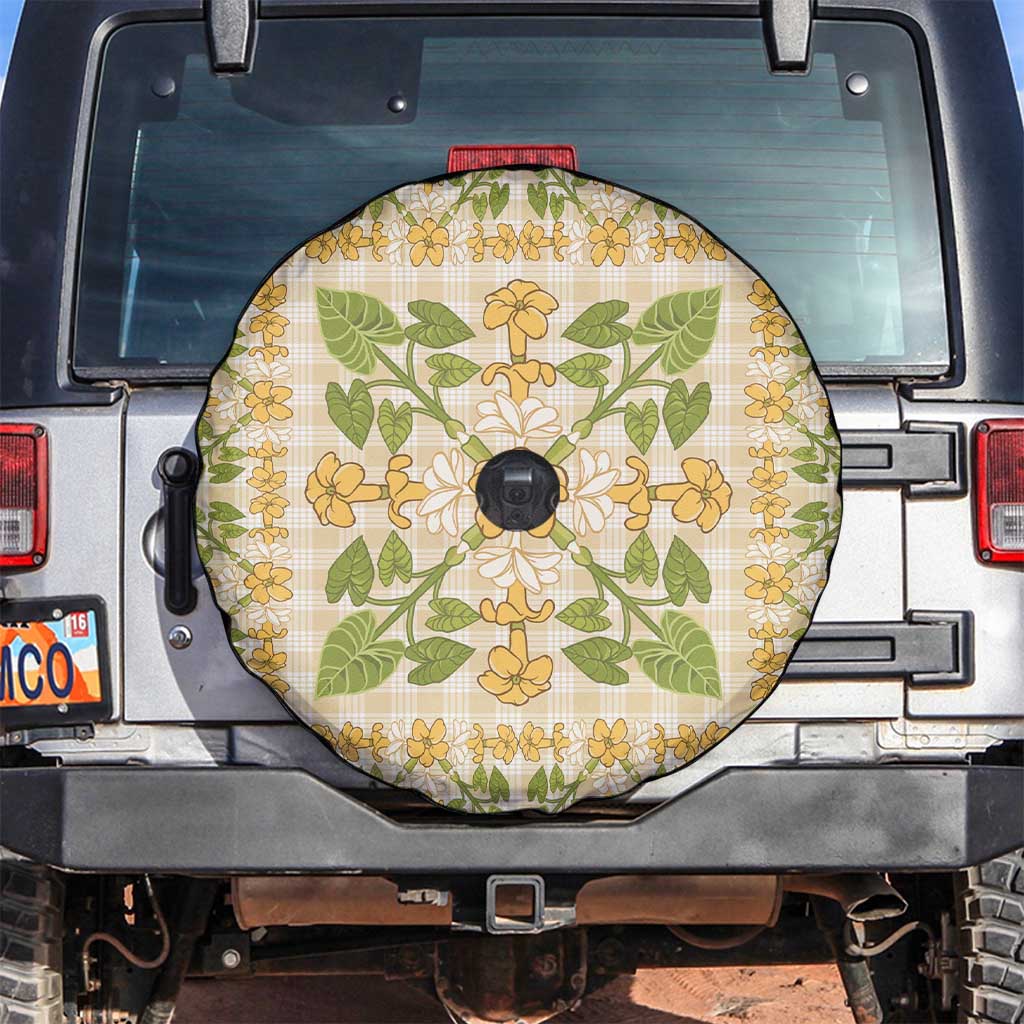 Squares Puakenikeni and Kalo Spare Tire Cover Beige Palaka Hawaiian Quilt Pattern - Polynesian Pride