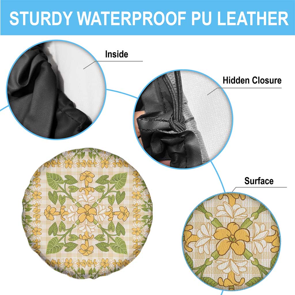 Squares Puakenikeni and Kalo Spare Tire Cover Beige Palaka Hawaiian Quilt Pattern - Polynesian Pride