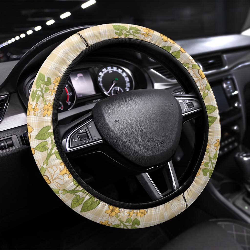 Squares Puakenikeni and Kalo Steering Wheel Cover Beige Palaka Hawaiian Quilt Pattern - Polynesian Pride
