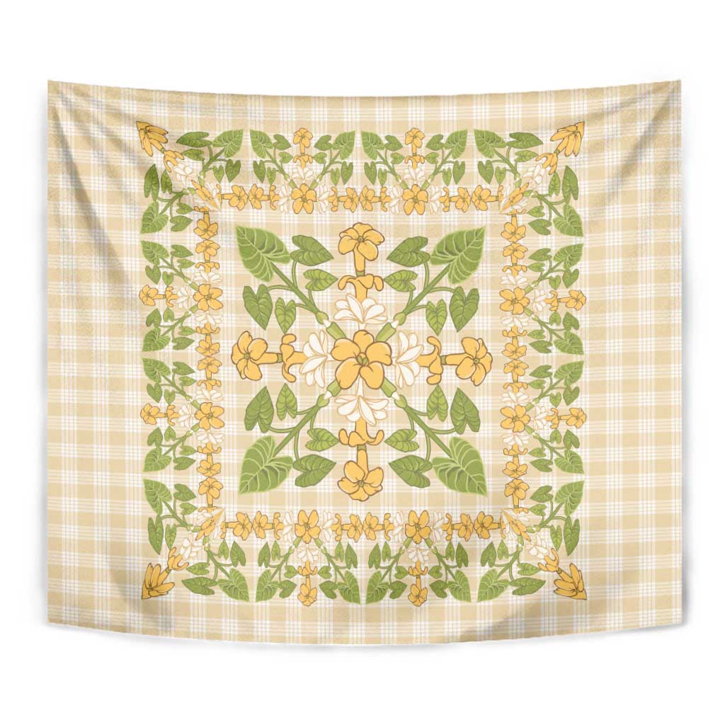 Squares Puakenikeni and Kalo Tapestry Beige Palaka Hawaiian Quilt Pattern - Polynesian Pride