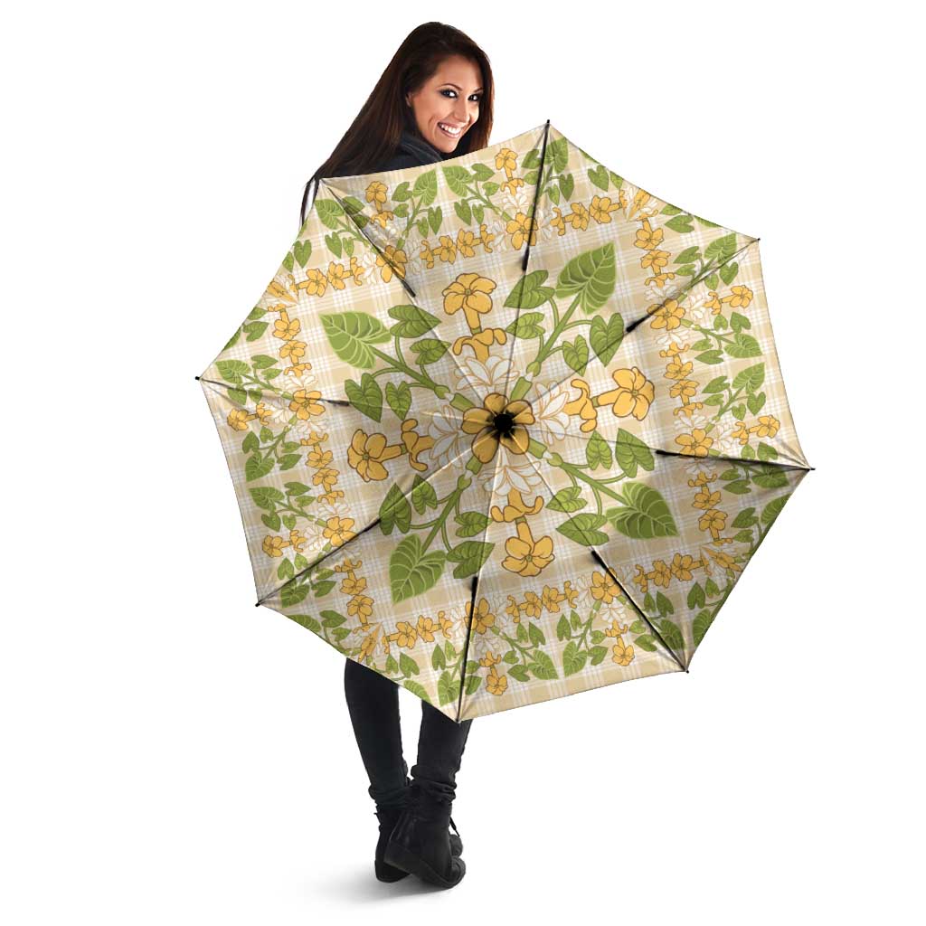 Squares Puakenikeni and Kalo Umbrella Beige Palaka Hawaiian Quilt Pattern - Polynesian Pride