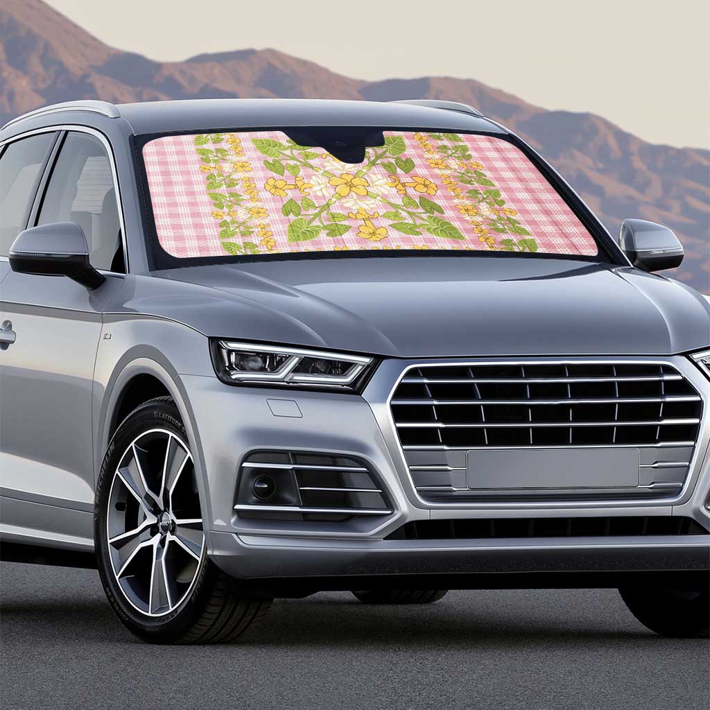 Squares Puakenikeni and Kalo Auto Sun Shade Pink Palaka Hawaiian Quilt Pattern - Polynesian Pride