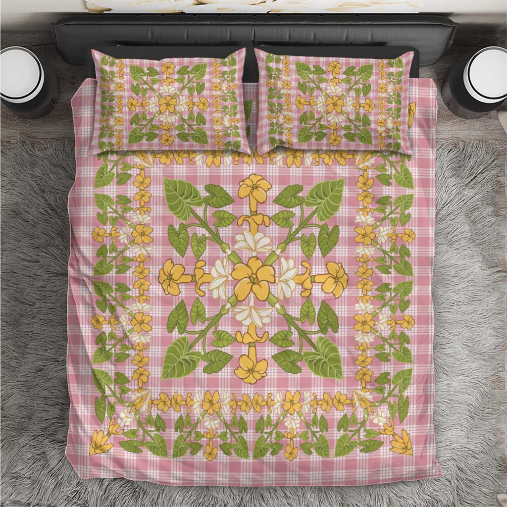 Squares Puakenikeni and Kalo Bedding Set Pink Palaka Hawaiian Quilt Pattern - Polynesian Pride