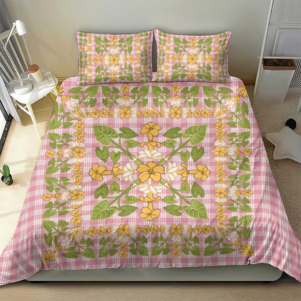 Squares Puakenikeni and Kalo Bedding Set Pink Palaka Hawaiian Quilt Pattern - Polynesian Pride