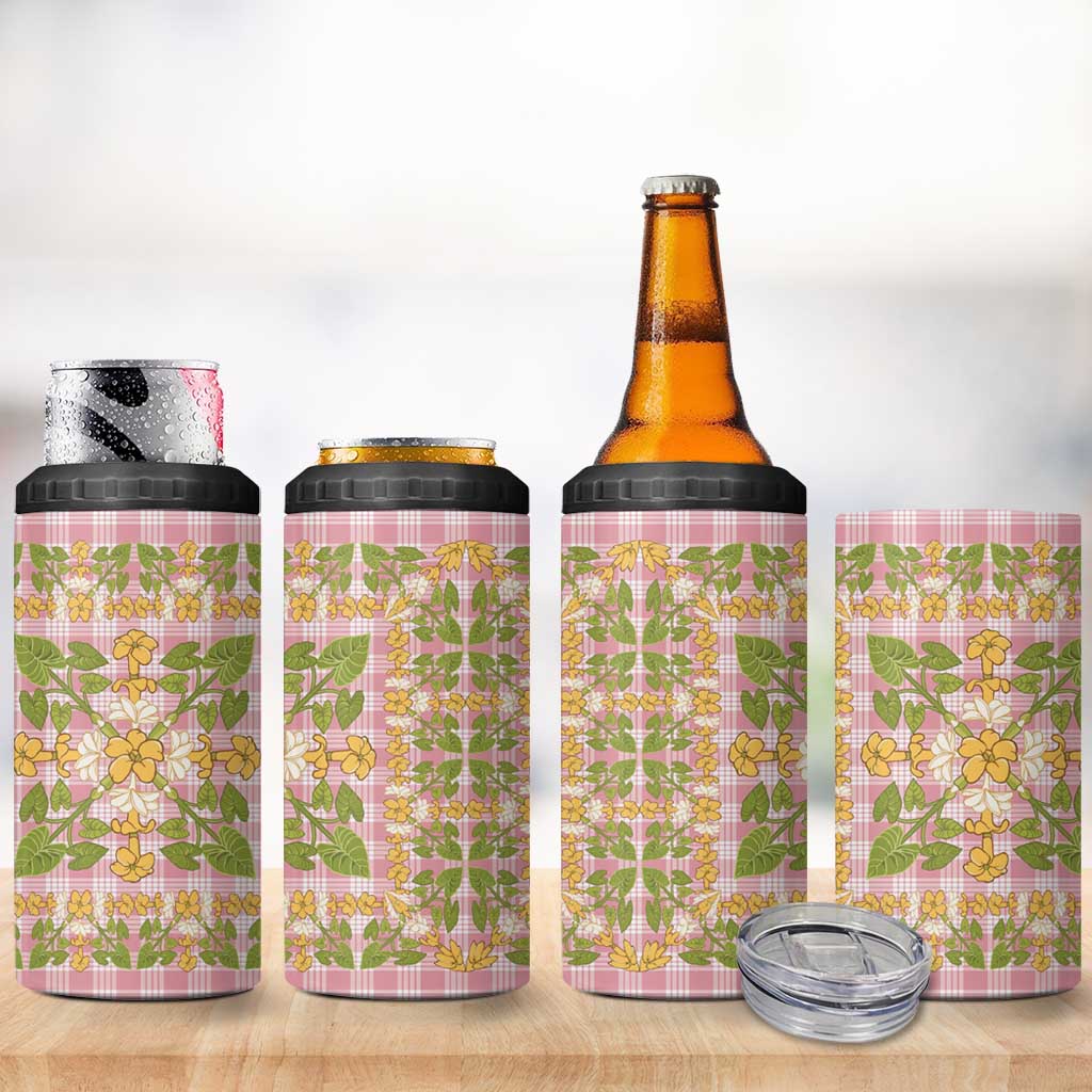 Squares Puakenikeni and Kalo 4 in 1 Can Cooler Tumbler Pink Palaka Hawaiian Quilt Pattern - Polynesian Pride