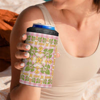 Squares Puakenikeni and Kalo 4 in 1 Can Cooler Tumbler Pink Palaka Hawaiian Quilt Pattern - Polynesian Pride