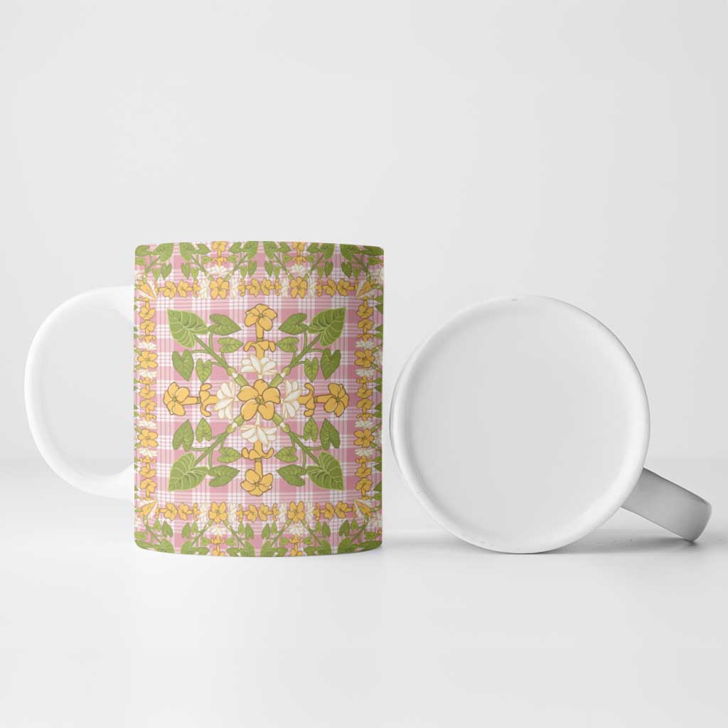 Squares Puakenikeni and Kalo Ceramic Mug Pink Palaka Hawaiian Quilt Pattern - Polynesian Pride