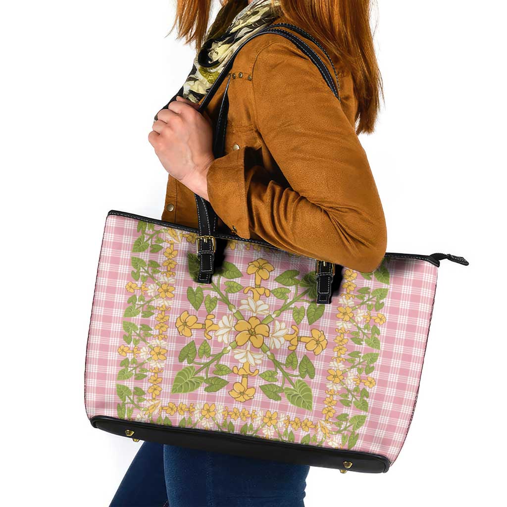 Squares Puakenikeni and Kalo Leather Tote Bag Pink Palaka Hawaiian Quilt Pattern - Polynesian Pride