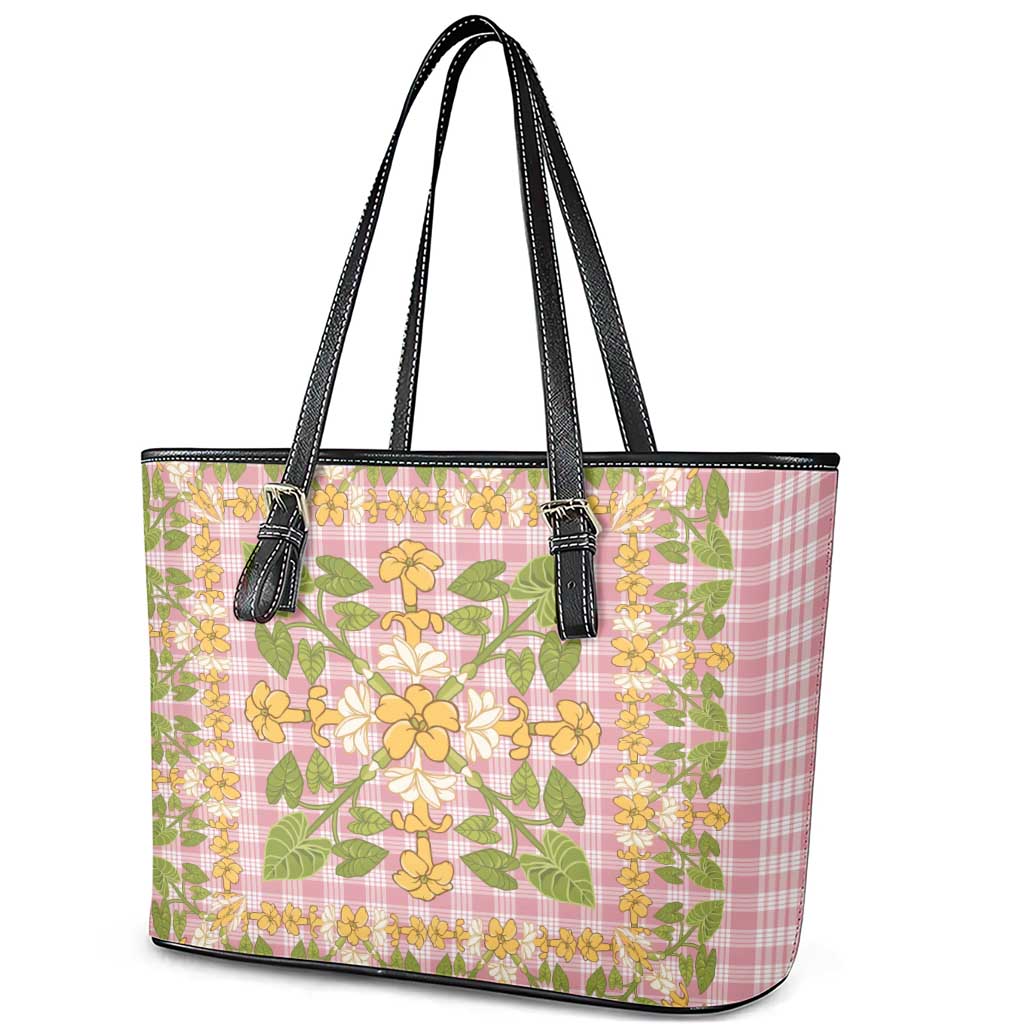 Squares Puakenikeni and Kalo Leather Tote Bag Pink Palaka Hawaiian Quilt Pattern - Polynesian Pride