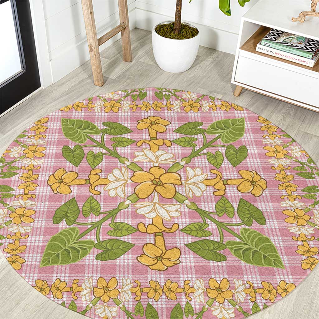 Squares Puakenikeni and Kalo Round Carpet Pink Palaka Hawaiian Quilt Pattern - Polynesian Pride