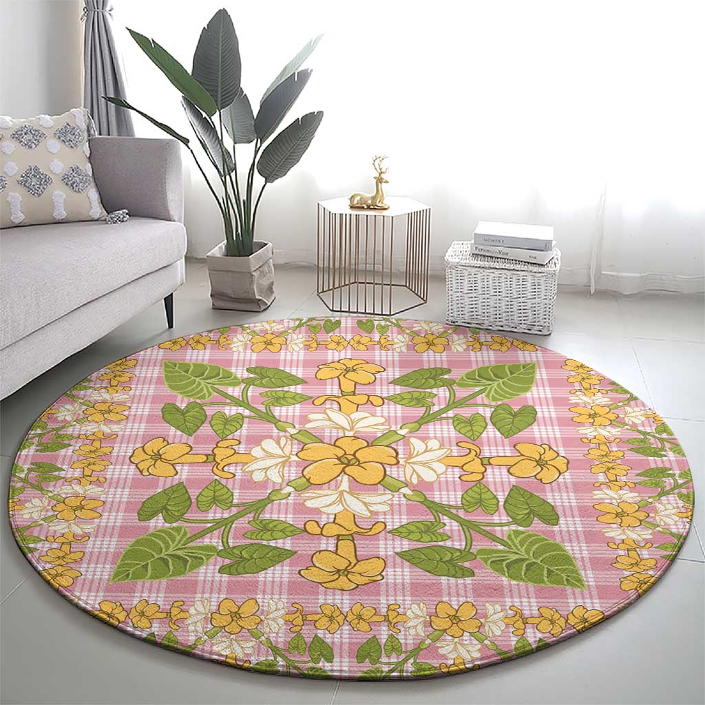 Squares Puakenikeni and Kalo Round Carpet Pink Palaka Hawaiian Quilt Pattern - Polynesian Pride