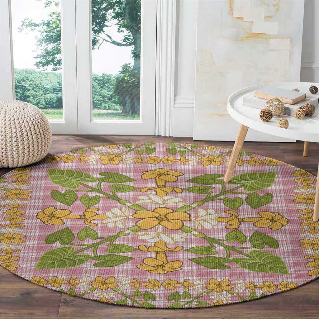Squares Puakenikeni and Kalo Round Carpet Pink Palaka Hawaiian Quilt Pattern - Polynesian Pride