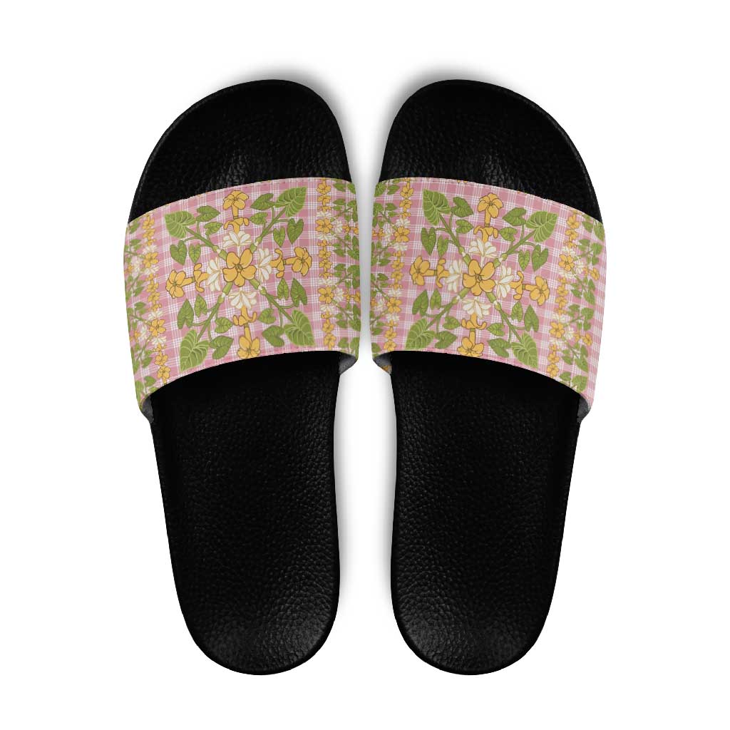 Squares Puakenikeni and Kalo Slide Sandals Pink Palaka Hawaiian Quilt Pattern - Polynesian Pride