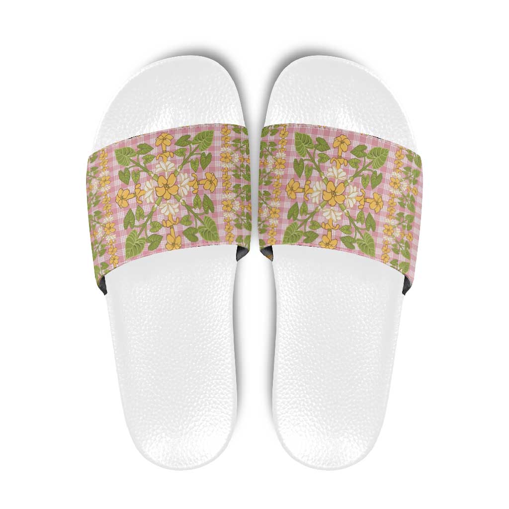 Squares Puakenikeni and Kalo Slide Sandals Pink Palaka Hawaiian Quilt Pattern - Polynesian Pride