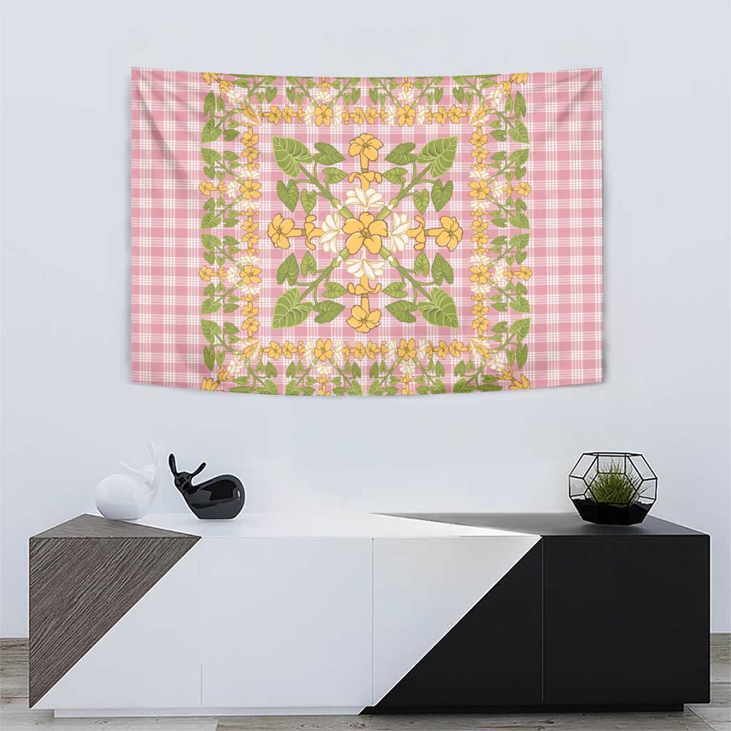 Squares Puakenikeni and Kalo Tapestry Pink Palaka Hawaiian Quilt Pattern - Polynesian Pride