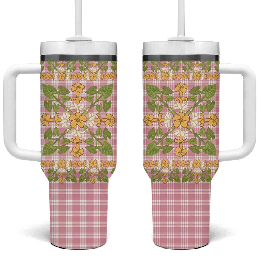 Squares Puakenikeni and Kalo Tumbler With Handle Pink Palaka Hawaiian Quilt Pattern - Polynesian Pride