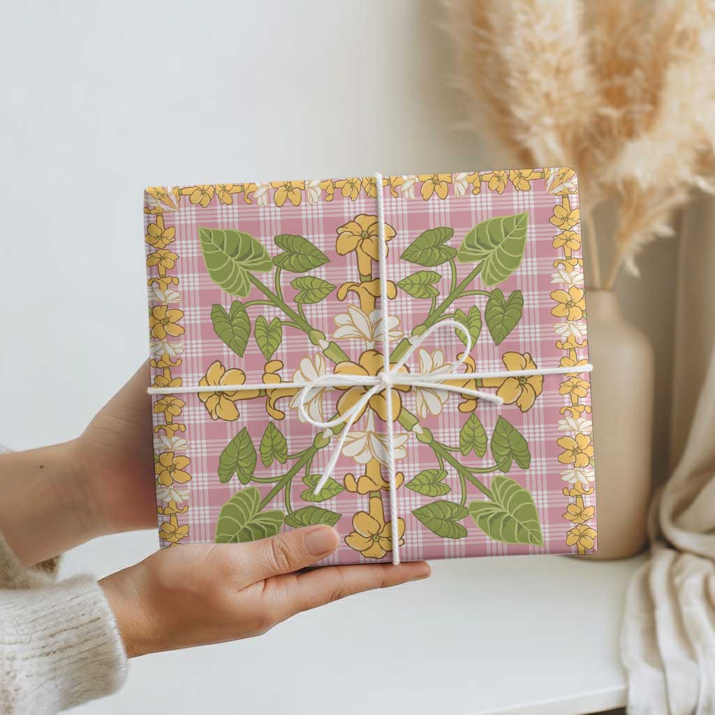 Squares Puakenikeni and Kalo Wrapping Paper Pink Palaka Hawaiian Quilt Pattern - Polynesian Pride