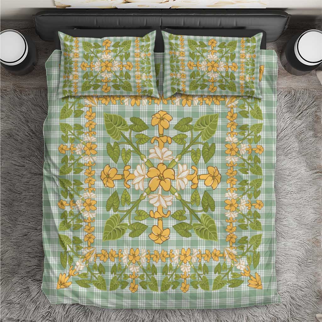 Squares Puakenikeni and Kalo Bedding Set Turquoise Palaka Hawaiian Quilt Pattern - Polynesian Pride