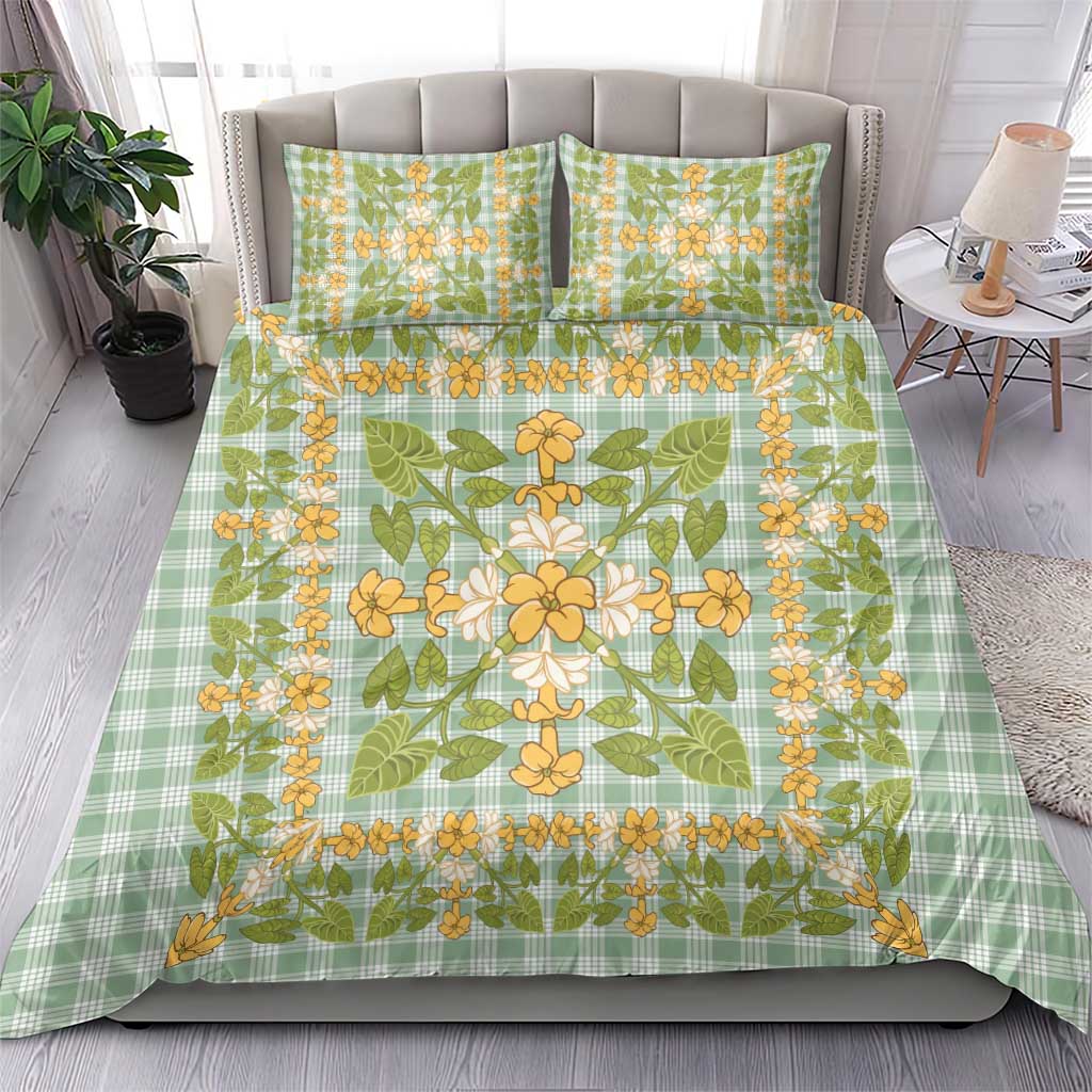 Squares Puakenikeni and Kalo Bedding Set Turquoise Palaka Hawaiian Quilt Pattern - Polynesian Pride