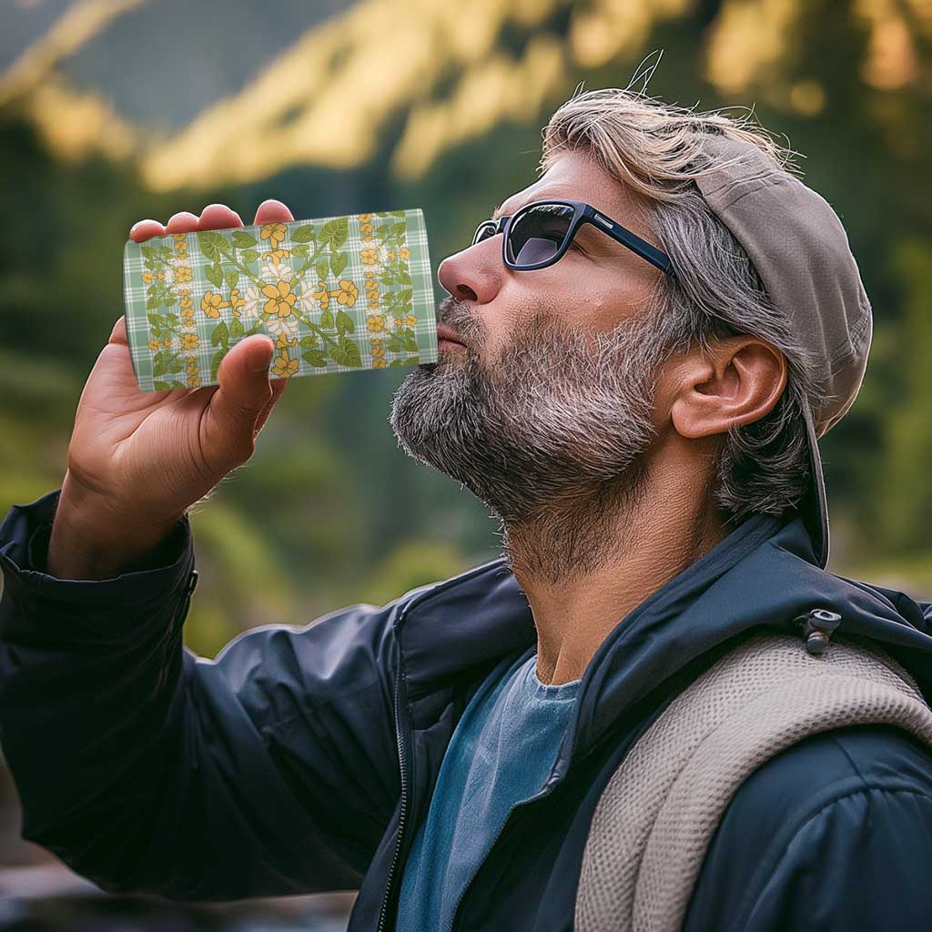 Squares Puakenikeni and Kalo 4 in 1 Can Cooler Tumbler Turquoise Palaka Hawaiian Quilt Pattern - Polynesian Pride