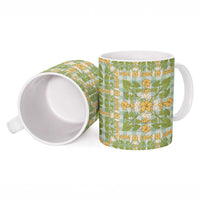 Squares Puakenikeni and Kalo Ceramic Mug Turquoise Palaka Hawaiian Quilt Pattern - Polynesian Pride