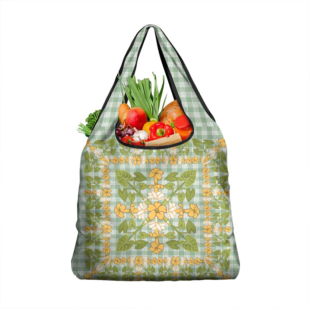 Squares Puakenikeni and Kalo Grocery Bag Turquoise Palaka Hawaiian Quilt Pattern - Polynesian Pride
