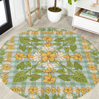 Squares Puakenikeni and Kalo Round Carpet Turquoise Palaka Hawaiian Quilt Pattern - Polynesian Pride