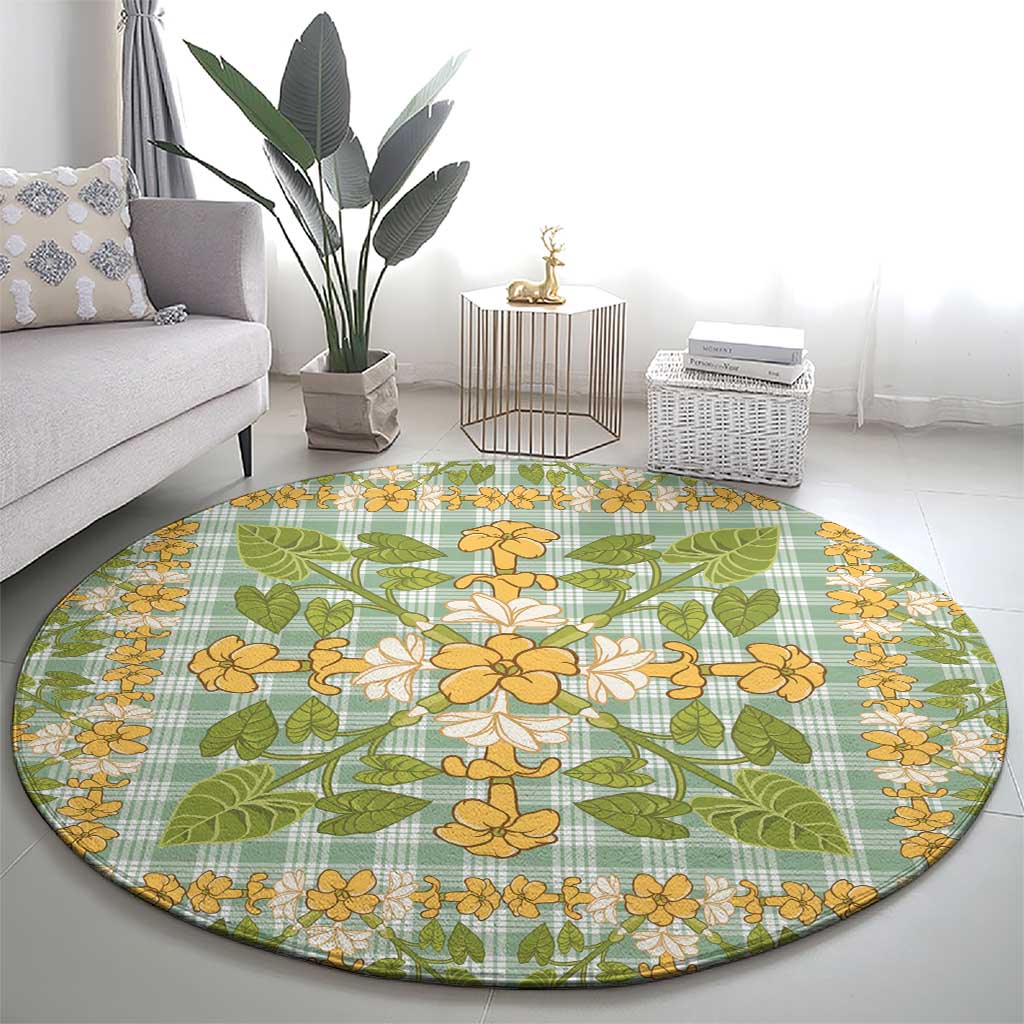 Squares Puakenikeni and Kalo Round Carpet Turquoise Palaka Hawaiian Quilt Pattern - Polynesian Pride