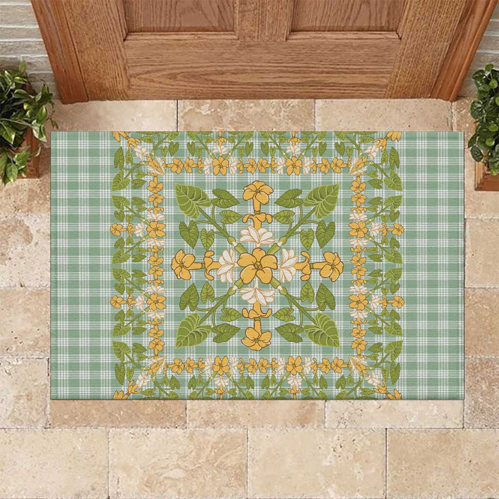 Squares Puakenikeni and Kalo Rubber Doormat Turquoise Palaka Hawaiian Quilt Pattern - Polynesian Pride