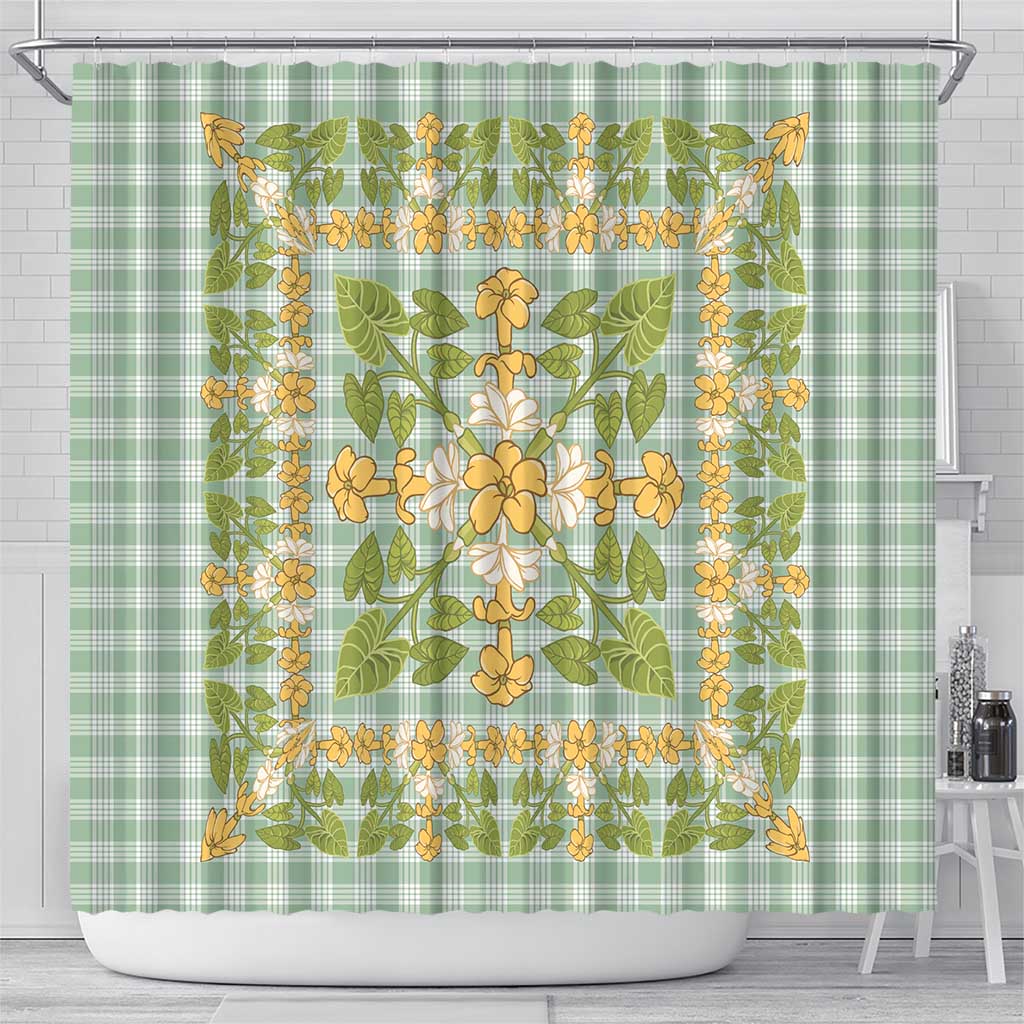 Squares Puakenikeni and Kalo Shower Curtain Turquoise Palaka Hawaiian Quilt Pattern - Polynesian Pride