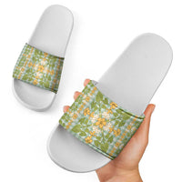 Squares Puakenikeni and Kalo Slide Sandals Turquoise Palaka Hawaiian Quilt Pattern - Polynesian Pride