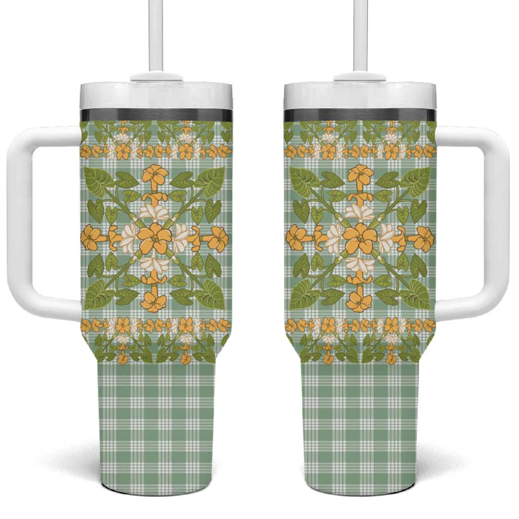 Squares Puakenikeni and Kalo Tumbler With Handle Turquoise Palaka Hawaiian Quilt Pattern - Polynesian Pride