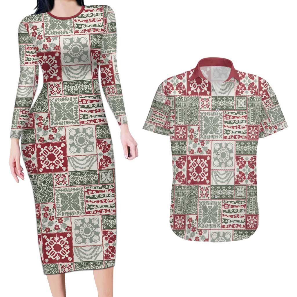 Mele Kalikimaka Hawaii Christmas Couples Matching Long Sleeve Bodycon Dress and Hawaiian Shirt Aloha Spirit with Hawaiian Quilt Pattern - Polynesian Pride