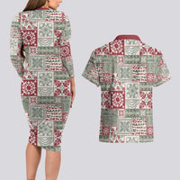 Mele Kalikimaka Hawaii Christmas Couples Matching Long Sleeve Bodycon Dress and Hawaiian Shirt Aloha Spirit with Hawaiian Quilt Pattern - Polynesian Pride