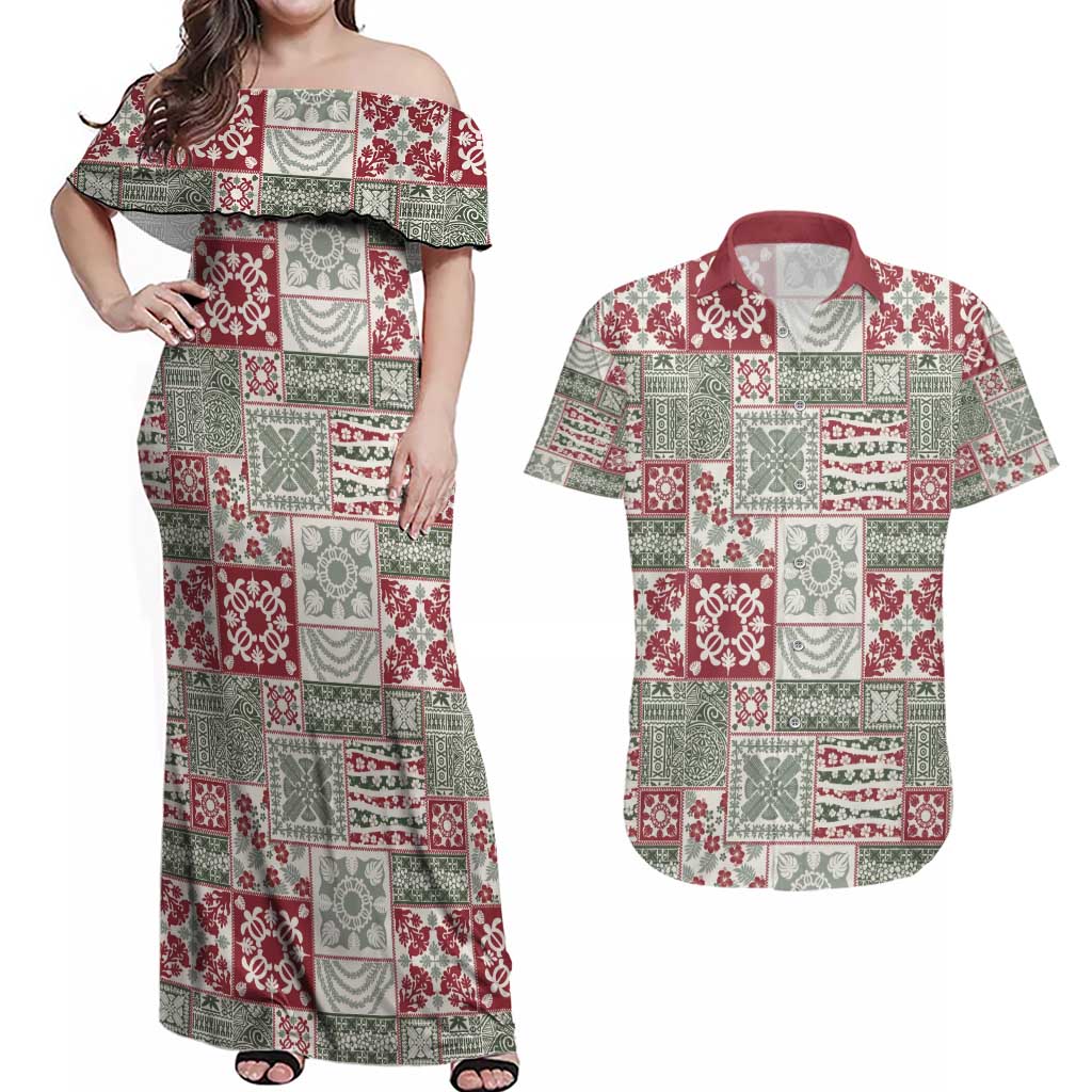 Mele Kalikimaka Hawaii Christmas Couples Matching Off Shoulder Maxi Dress and Hawaiian Shirt Aloha Spirit with Hawaiian Quilt Pattern - Polynesian Pride