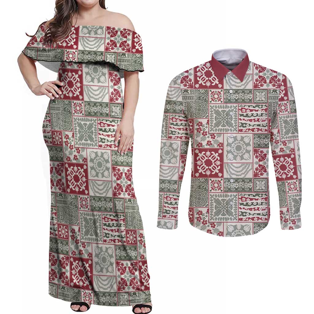 Mele Kalikimaka Hawaii Christmas Couples Matching Off Shoulder Maxi Dress and Long Sleeve Button Shirt Aloha Spirit with Hawaiian Quilt Pattern - Polynesian Pride