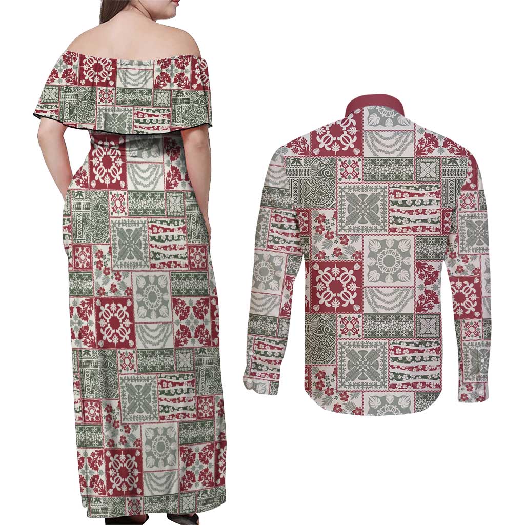 Mele Kalikimaka Hawaii Christmas Couples Matching Off Shoulder Maxi Dress and Long Sleeve Button Shirt Aloha Spirit with Hawaiian Quilt Pattern - Polynesian Pride
