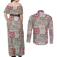 Mele Kalikimaka Hawaii Christmas Couples Matching Off Shoulder Maxi Dress and Long Sleeve Button Shirt Aloha Spirit with Hawaiian Quilt Pattern - Polynesian Pride