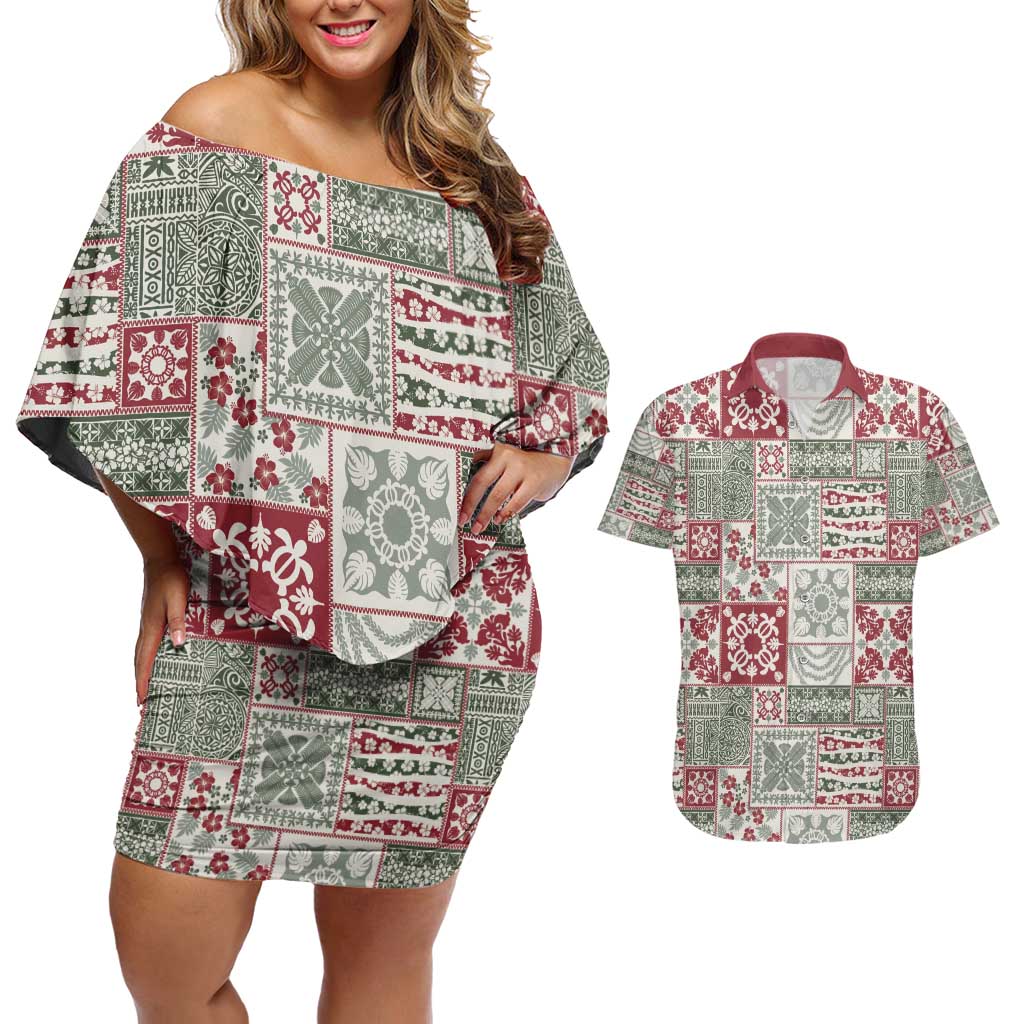 Mele Kalikimaka Hawaii Christmas Couples Matching Off Shoulder Short Dress and Hawaiian Shirt Aloha Spirit with Hawaiian Quilt Pattern - Polynesian Pride