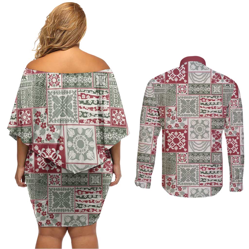 Mele Kalikimaka Hawaii Christmas Couples Matching Off Shoulder Short Dress and Long Sleeve Button Shirt Aloha Spirit with Hawaiian Quilt Pattern - Polynesian Pride