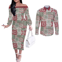 Mele Kalikimaka Hawaii Christmas Couples Matching Off The Shoulder Long Sleeve Dress and Long Sleeve Button Shirt Aloha Spirit with Hawaiian Quilt Pattern - Polynesian Pride