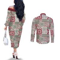 Mele Kalikimaka Hawaii Christmas Couples Matching Off The Shoulder Long Sleeve Dress and Long Sleeve Button Shirt Aloha Spirit with Hawaiian Quilt Pattern - Polynesian Pride