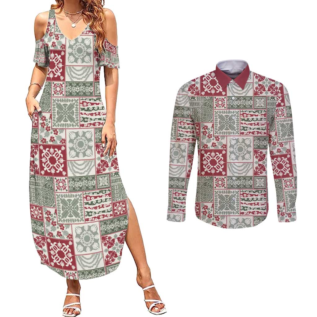 Mele Kalikimaka Hawaii Christmas Couples Matching Summer Maxi Dress and Long Sleeve Button Shirt Aloha Spirit with Hawaiian Quilt Pattern - Polynesian Pride